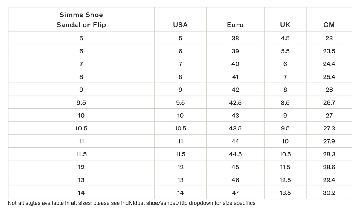 Storleksguide för Simms Flats Sneaker 2025 - USA, Euro, UK och cm för fiskeresor, från USA 5 23 cm till USA 15 33 cm.